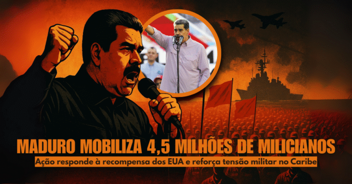 Nicolás Maduro discursa em ato político com multidão de milicianos e bandeiras vermelhas ao fundo, destacando tensão com os EUA.