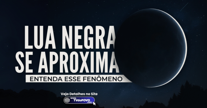 Arte com lua escura no céu estrelado e chamada "Lua Negra se aproxima – Entenda esse fenômeno"