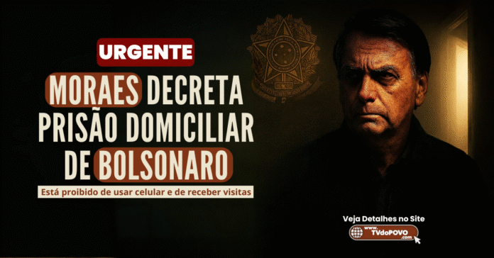 Imagem com Bolsonaro em ambiente escuro e frase “Moraes decreta prisão domiciliar de Bolsonaro”; destaque para proibição de celular e visitas.