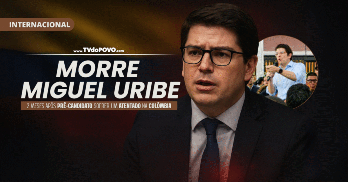 Miguel Uribe, pré-candidato colombiano, em destaque ao lado de foto discursando, com título anunciando sua morte após atentado.