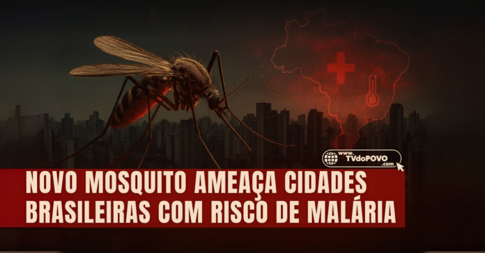 Mosquito Anopheles stephensi ampliado sobre cenário urbano no Brasil, com mapa em vermelho e alerta de malária.