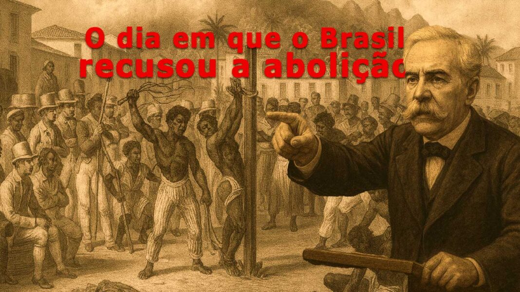 Montagem com Joaquim Nabuco apontando diante de cena de escravidão e título "O dia em que o Brasil recusou a abolição"