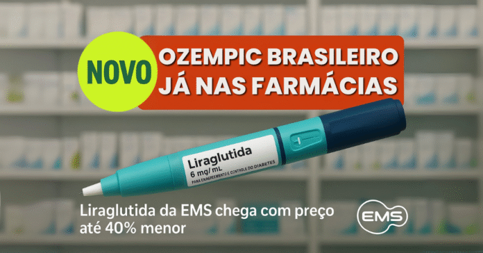 Caneta de liraglutida destacada em farmácia anuncia a chegada do Ozempic brasileiro