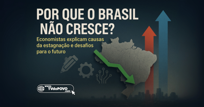 Brasil não cresce como outros países, mapa rachado com seta verde em queda e gráficos de crescimento internacional.