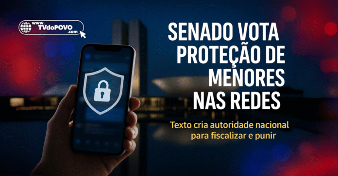 Congresso Nacional ao fundo e smartphone com escudo, simbolizando proteção de menores nas redes sociais.