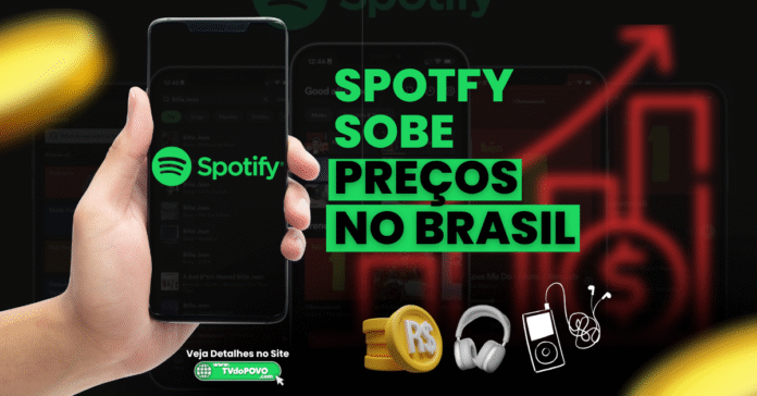 Mão segurando celular com logotipo do Spotify e texto informando aumento de preços no Brasil