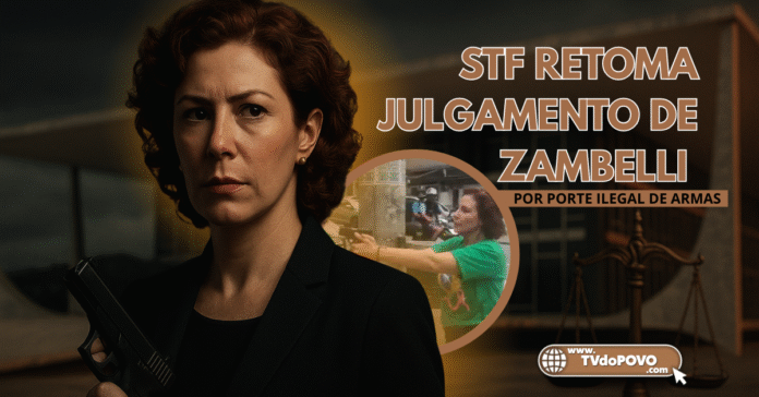 Arte de capa mostra Carla Zambelli com expressão séria e arma em punho, ao fundo o STF e destaque para imagem do episódio armado.
