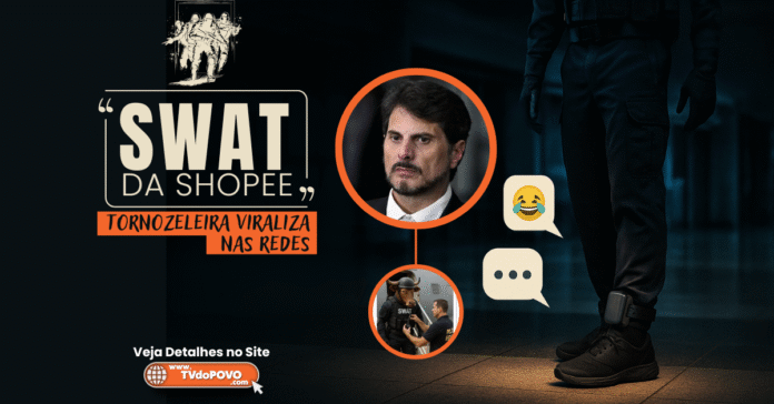 Homem com tornozeleira eletrônica ao lado de foto de Marcos do Val e frase “SWAT da Shopee”