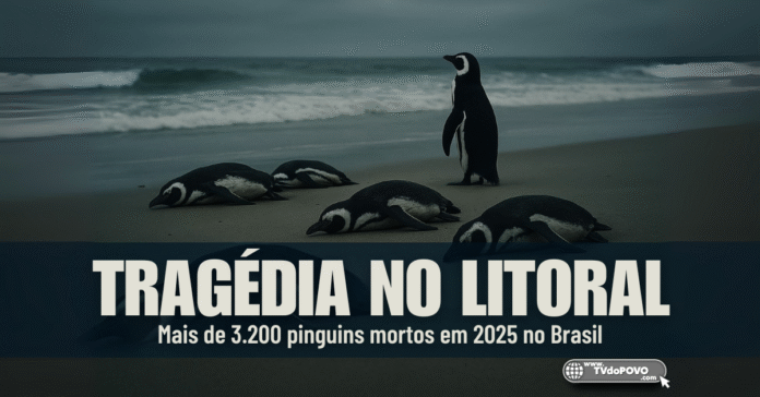 Pinguins mortos na praia com um sobrevivente em pé no litoral brasileiro em 2025