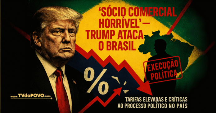 Donald Trump critica o Brasil como péssimo parceiro comercial e acusa processo contra Bolsonaro, em montagem com bandeira brasileira e símbolo de tarifas