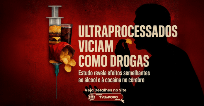 Arte com alimentos ultraprocessados formando seringa e frase “ultraprocessados viciam como drogas”