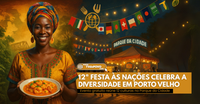 Mulher afro-brasileira com traje típico na 12ª Festa às Nações em Porto Velho, segurando prato africano diante de barracas iluminadas no Parque da Cidade.
