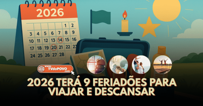 Arte editorial mostra calendário de 2026 com datas marcadas e elementos de viagem, destacando feriados prolongados.