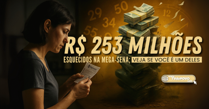 Mulher olha atentamente para bilhete de loteria enquanto, ao fundo, pilhas de dinheiro se desfazem ao vento. Destaque para texto: "R$ 253 milhões esquecidos na Mega-Sena; veja se você é um deles".