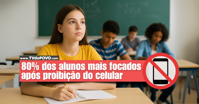 Aluna concentrada em sala de aula após proibição do uso de celular, com tarja informativa sobre foco dos alunos.