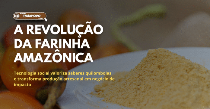 Arte com fundo de farinha em prato branco e frutos amazônicos, com título “A revolução da farinha amazônica” e subtítulo sobre tecnologia social.