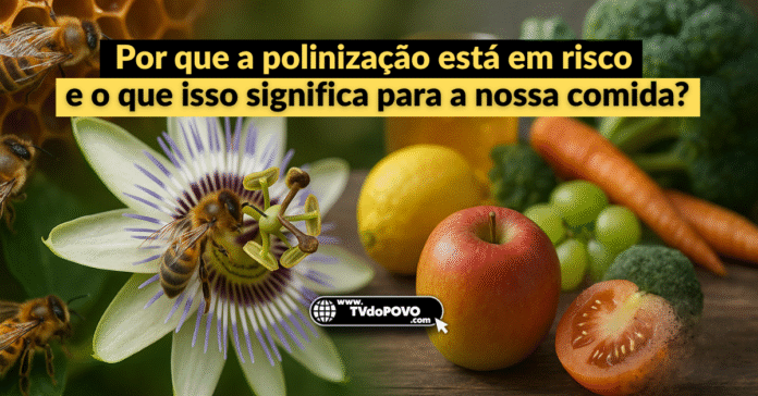 abelhas polinizando flor ao lado de frutas e legumes sobre mesa de madeira