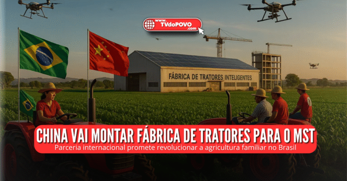 Trator vermelho com agricultora e bandeiras do Brasil e da China em frente à fábrica de tratores inteligentes