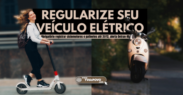 Mulher conduz patinete elétrico e ciclomotor aparece ao lado com fundo urbano, representando a regularização exigida pelo Detran-RO
