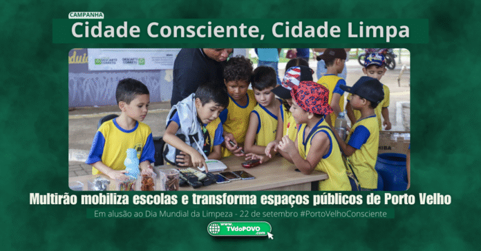 Crianças participam de oficina educativa sobre descarte correto durante a campanha Cidade Consciente, Cidade Limpa em Porto Velho