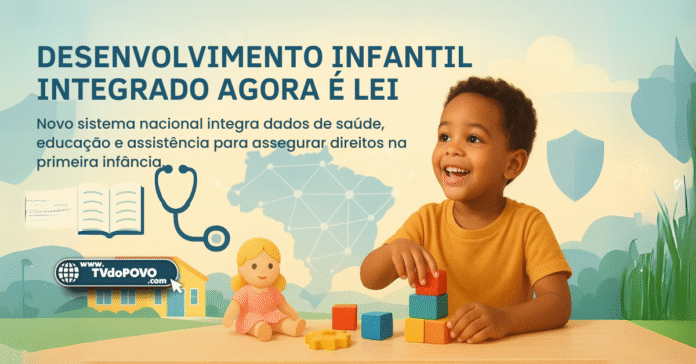 Criança brincando com blocos educativos diante de mapa do Brasil com ícones de saúde, educação e proteção infantil