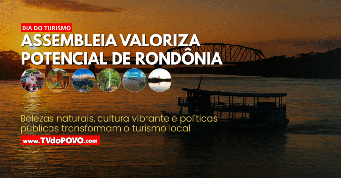 Imagem mostra barco no Rio Madeira ao entardecer com destaque para atrações turísticas de Rondônia
