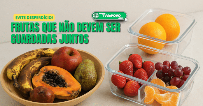 Fruteira com frutas maduras e estragadas ao lado de potes com frutas frescas organizadas, ilustrando armazenamento correto