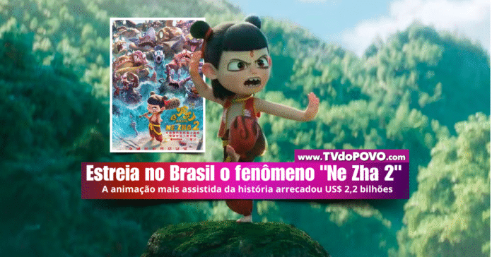 Cena do filme Ne Zha 2 com personagem em pose de ataque e cartaz oficial da animação chinesa ao lado