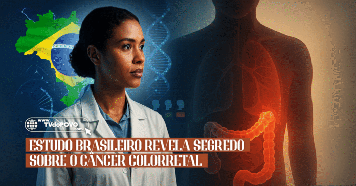 Pesquisadora brasileira diante de mapa genético e corpo humano com intestino iluminado, simbolizando estudo sobre câncer colorretal