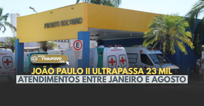 Fachada do Pronto-Socorro João Paulo II com ambulâncias estacionadas e tarja informando mais de 23 mil atendimentos entre janeiro e agosto.