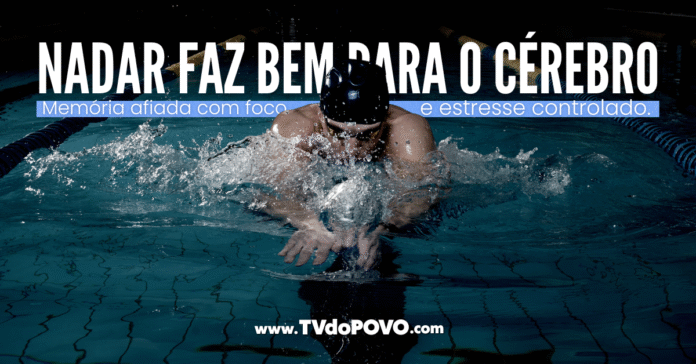 Homem nadando em piscina coberta com braçada de peito, acompanhado da frase “Nadar faz bem para o cérebro” e slogan sobre foco e estresse.