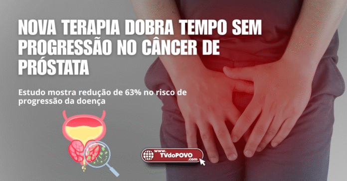 Homem com as mãos sobre a região pélvica em sinal de dor, com destaque para o texto sobre nova terapia contra câncer de próstata.