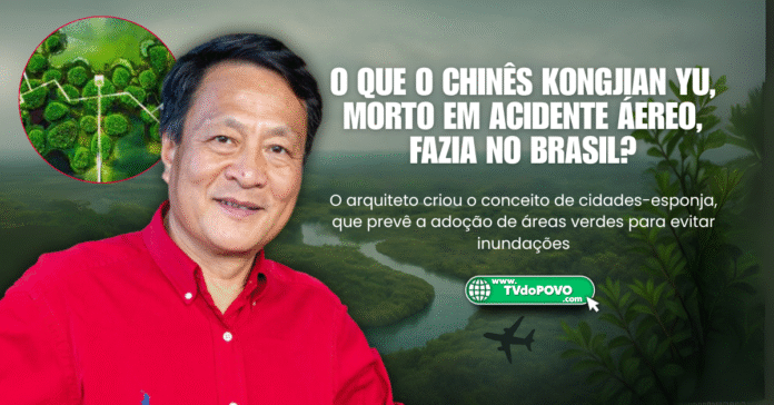 Imagem de Kongjian Yu sorridente com fundo de floresta e rio; ao fundo, ícones de avião e o título “O que o chinês Kongjian Yu, morto em acidente aéreo, fazia no Brasil?”.