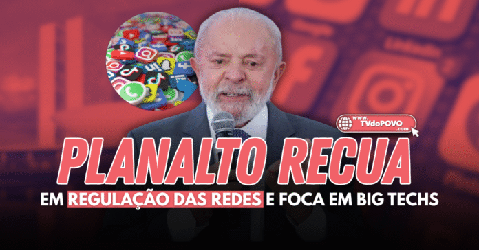 Presidente Lula com fundo de ícones de redes sociais; texto destaca recuo do governo na regulação digital