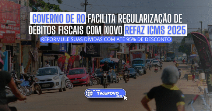 Banner do Governo de Rondônia sobre o Refaz ICMS 2025 com chamada para descontos de até 95% na regularização fiscal.