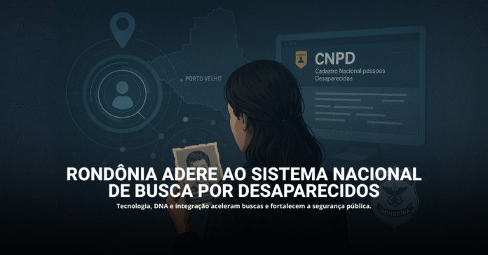 Mulher de costas segura foto de criança diante de mapa de Rondônia e tela com o sistema CNPD.