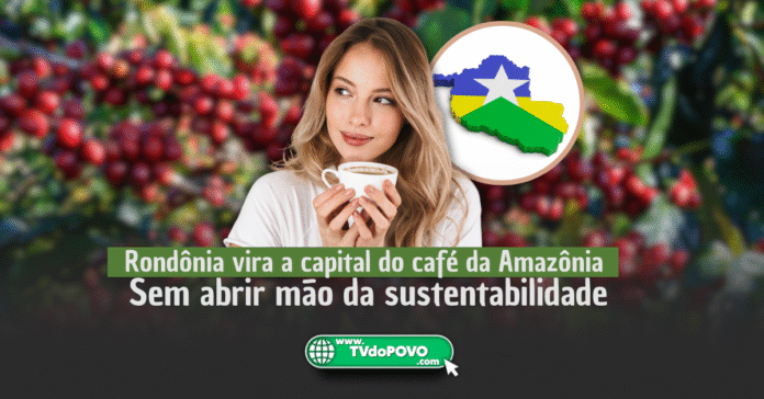 mulher segurando xícara de café canéfora rondoniense com fundo de lavoura amazônica
