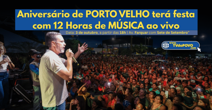 Cantor se apresenta em palco diante de multidão durante festival noturno em Porto Velho