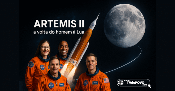Astronautas da missão Artemis II e foguete da Nasa lançando em direção à Lua