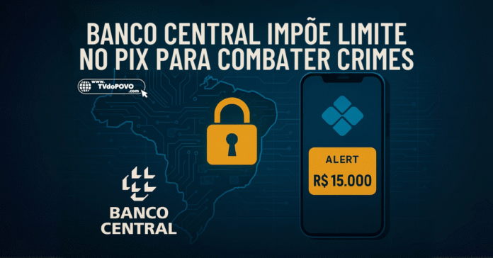 Celular com alerta de R$ 15 mil, logotipo do Pix, cadeado e mapa do Brasil com circuitos, representando limite no Pix