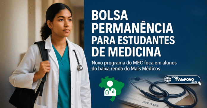 Estudante de Medicina com jaleco caminha por universidade ao lado de arte com texto sobre Bolsa Permanência do MEC