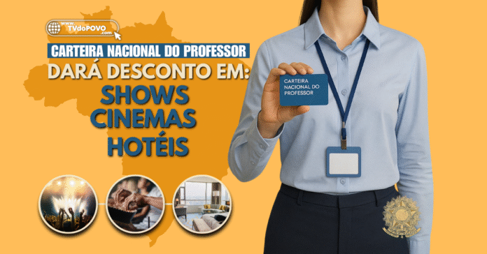 Professora exibe a Carteira Nacional do Professor em frente ao mapa do Brasil com ícones de shows, cinemas e hotéis sobre fundo laranja.