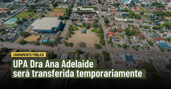 Vista aérea de Porto Velho com destaque para o entorno da UPA Drª Ana Adelaide e tarja informando a transferência temporária da unidade.