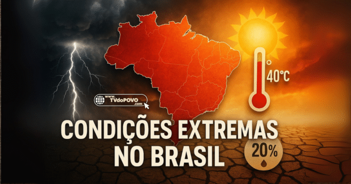 Mapa do Brasil mostra condições extremas no Brasil, com calor de 40 °C, raios e solo seco simbolizando tempestades e baixa umidade.