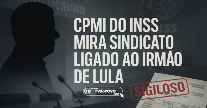 Silhueta de homem em plenária com microfones, ao lado da frase "CPMI do INSS mira sindicato ligado ao irmão de Lula", com carimbo SIGILOSO sobre extrato bancário.