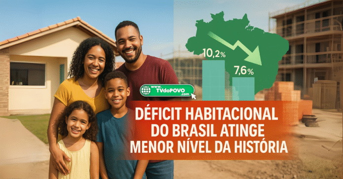 Família brasileira sorri em frente a casa popular; ao lado, gráfico mostra queda do déficit habitacional de 10,2% para 7,6% no Brasil.