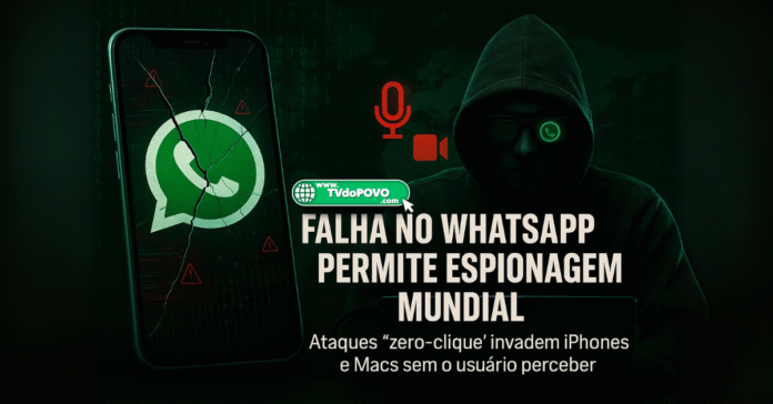 Celular com logo do WhatsApp rachado ao lado de hacker encapuzado, com destaque para o título da matéria
