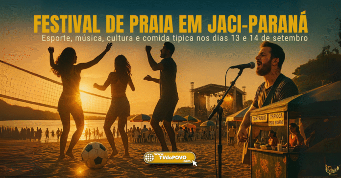 Festival de Praia em Jaci-Paraná com música, futevôlei e barracas típicas ao pôr do sol