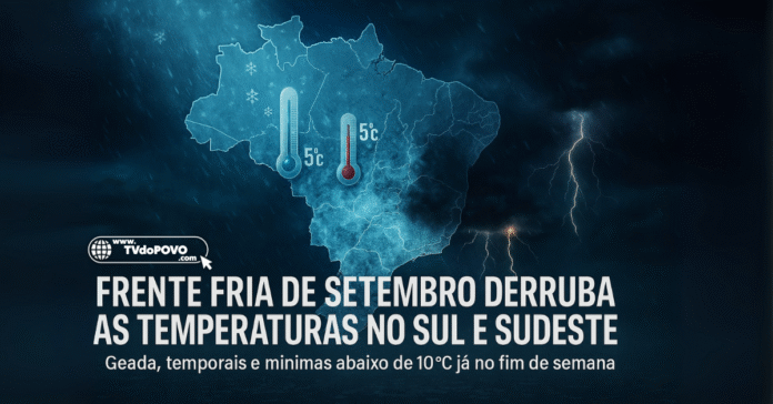 Mapa do Brasil com termômetros marcando 5ºC e efeitos visuais de geada e raios, ilustrando a frente fria de setembro no Sul e Sudeste.