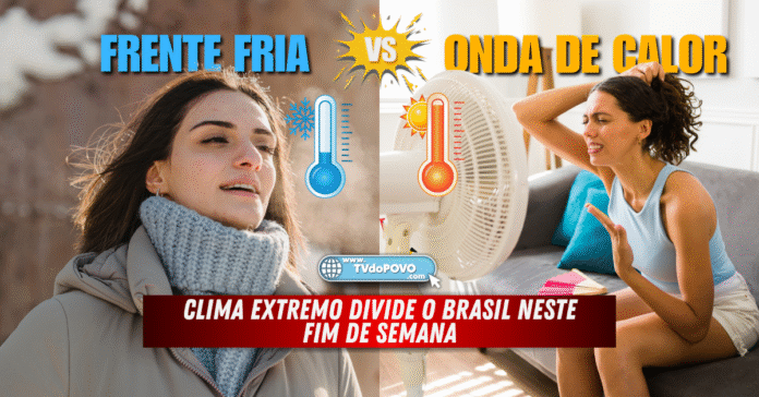 Mulher agasalhada respira ar frio à esquerda, enquanto mulher suando diante de ventilador aparece à direita; imagem ilustra o contraste entre frente fria e onda de calor no Brasil.